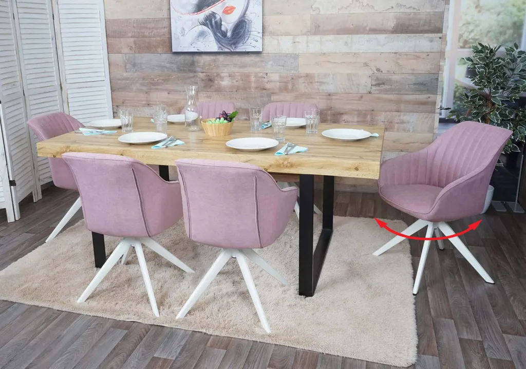 6er-Set Esszimmerstuhl HWC-K27, Küchenstuhl Stuhl mit Armlehne, drehbar Stoff/Textil  rosa